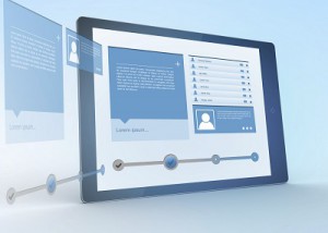 Digital tablet projecting social media profile on blue background