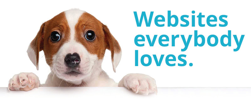 Keybridge Web best web design company washington DC Dog next to text that says, "Websites everybody loves"