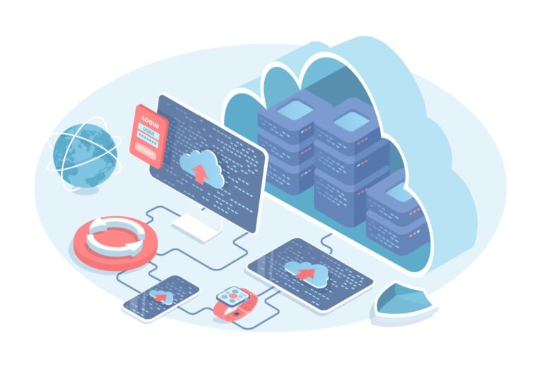 Cloud computing technology. Data servers with communication, devices secure connecting. Vector illustration in 3d design. Isometric web banner.