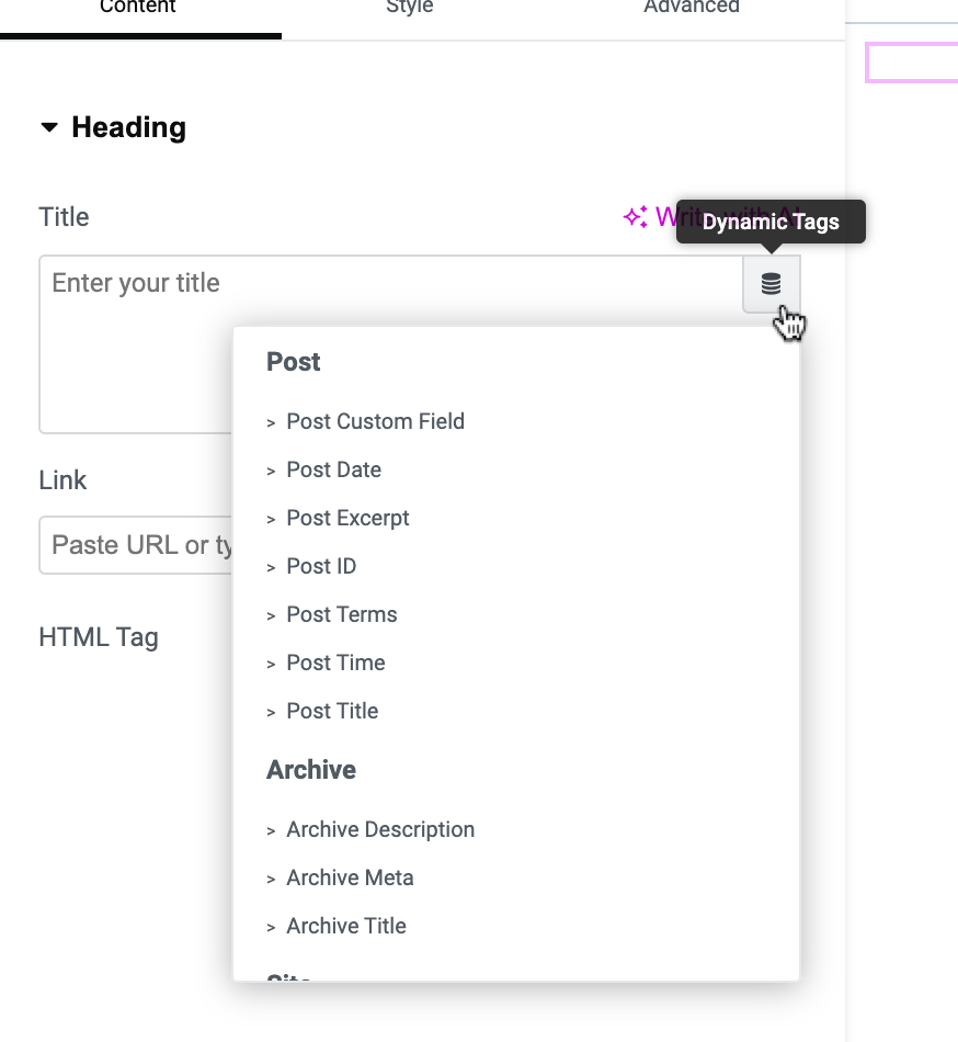 Elementor Dynamic Tags List